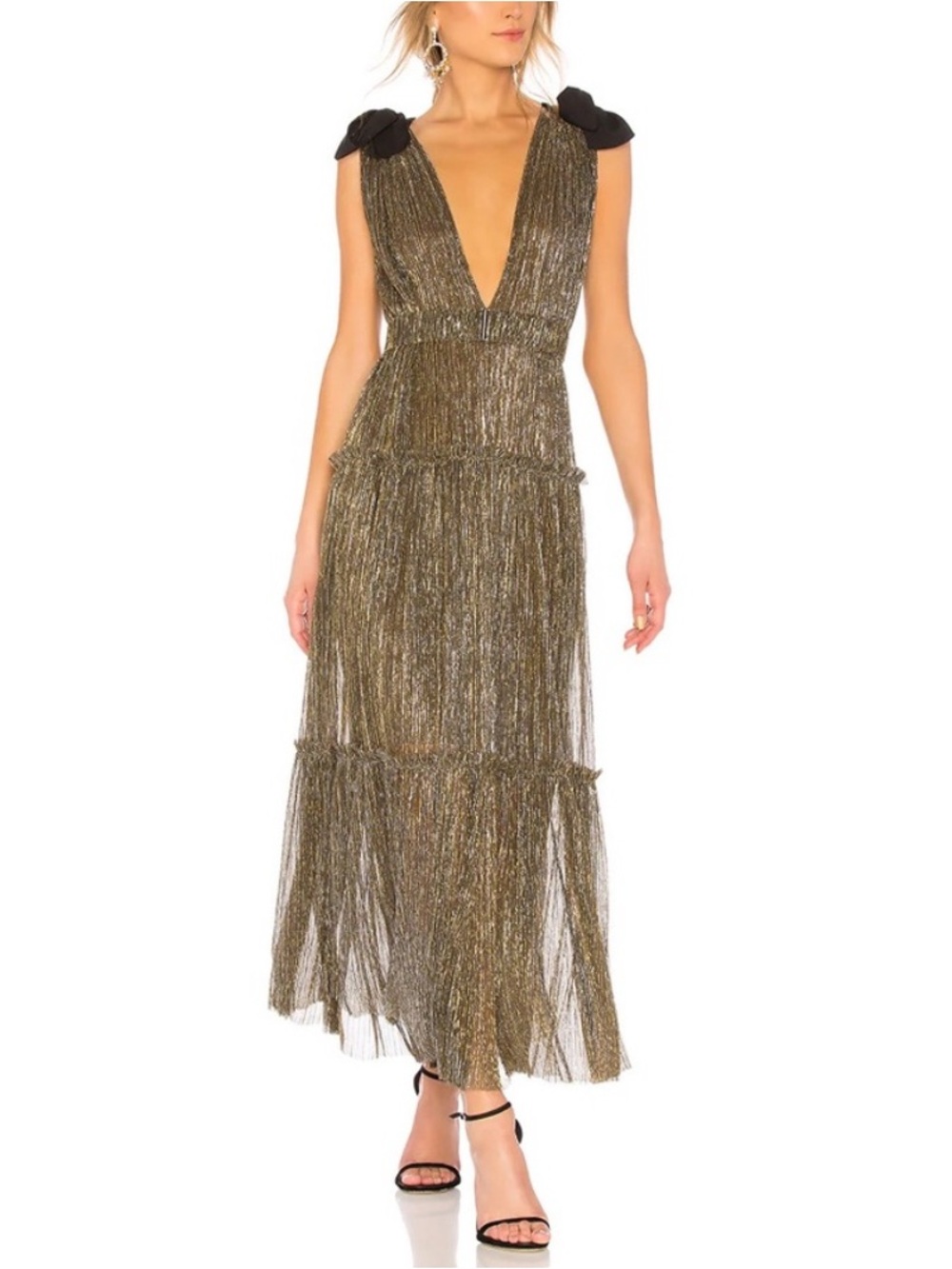 SABINA MUSAYEV Ray Gold Metallic Plisse Tie Shoulder Maxi Dress